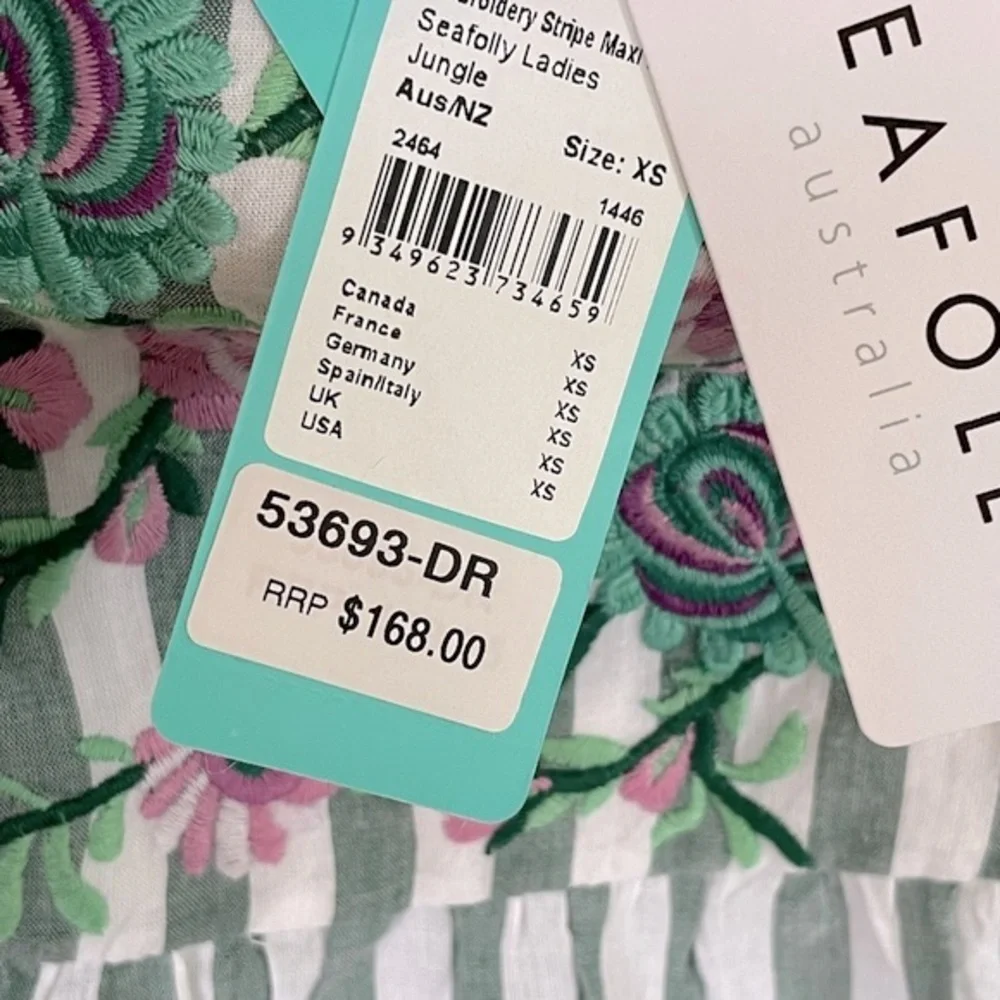 SEAFOLLY Embroidered Striped Tiered Maxi Dress - Women’s Size XS - NEW - Picture 6 of 7
